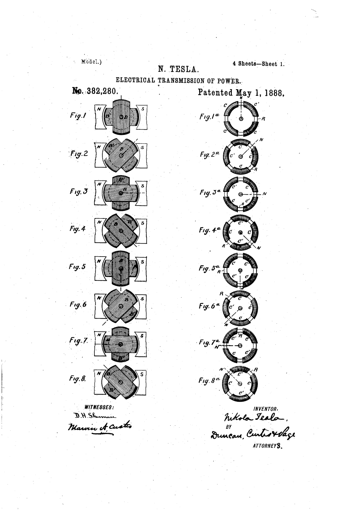Original patent drawing sheet from Nikola Tesla's U.S. Patent 382,280, "Electrical Transmission of Power" (1888): figures of the polyphase alternating-current generator-and-motor transmission system.