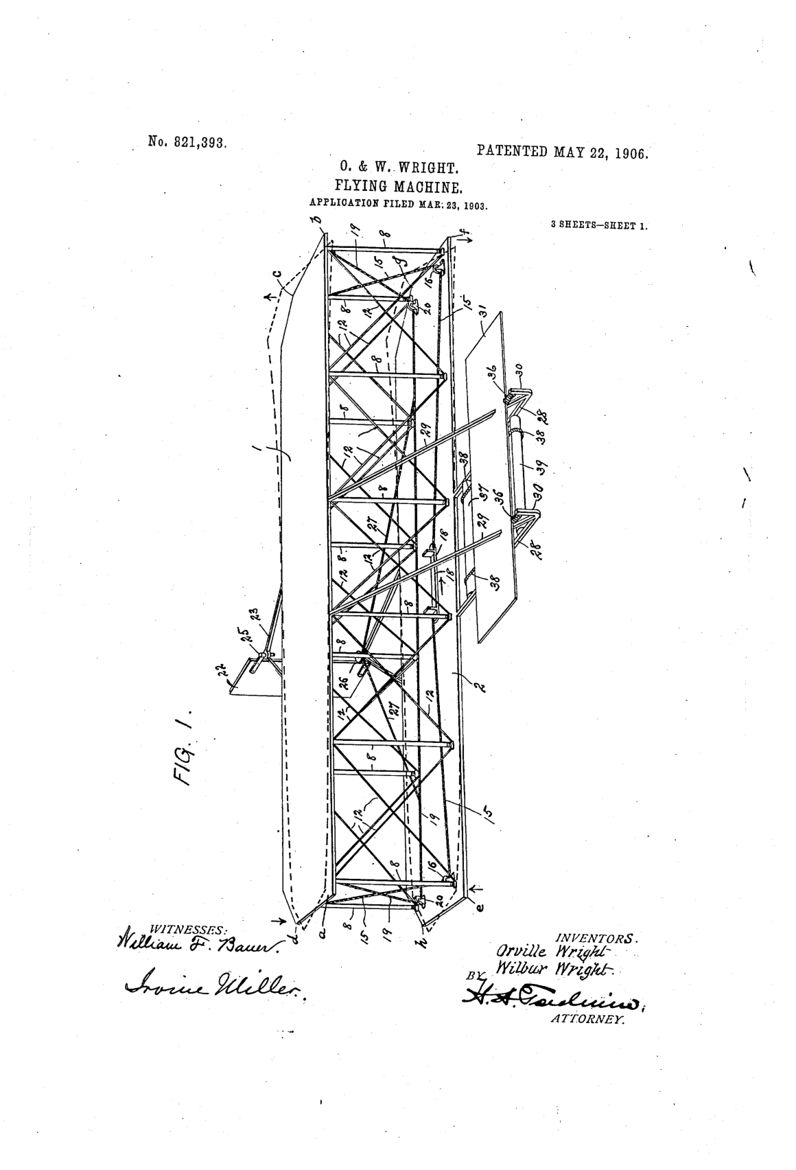 Original patent drawing (Sheet 1, Fig. 1) from the Wright brothers' U.S. Patent 821,393, "Flying-Machine" (application filed 1903, patented 1906): a perspective view of the biplane showing the wing structure and control surfaces.